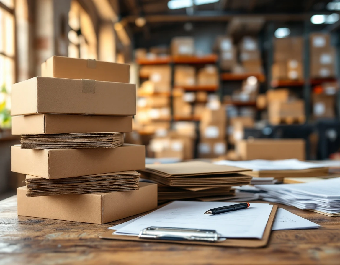 Cluttered desk with cardboard boxes, calculator, and paperwork representing inventory management challenges