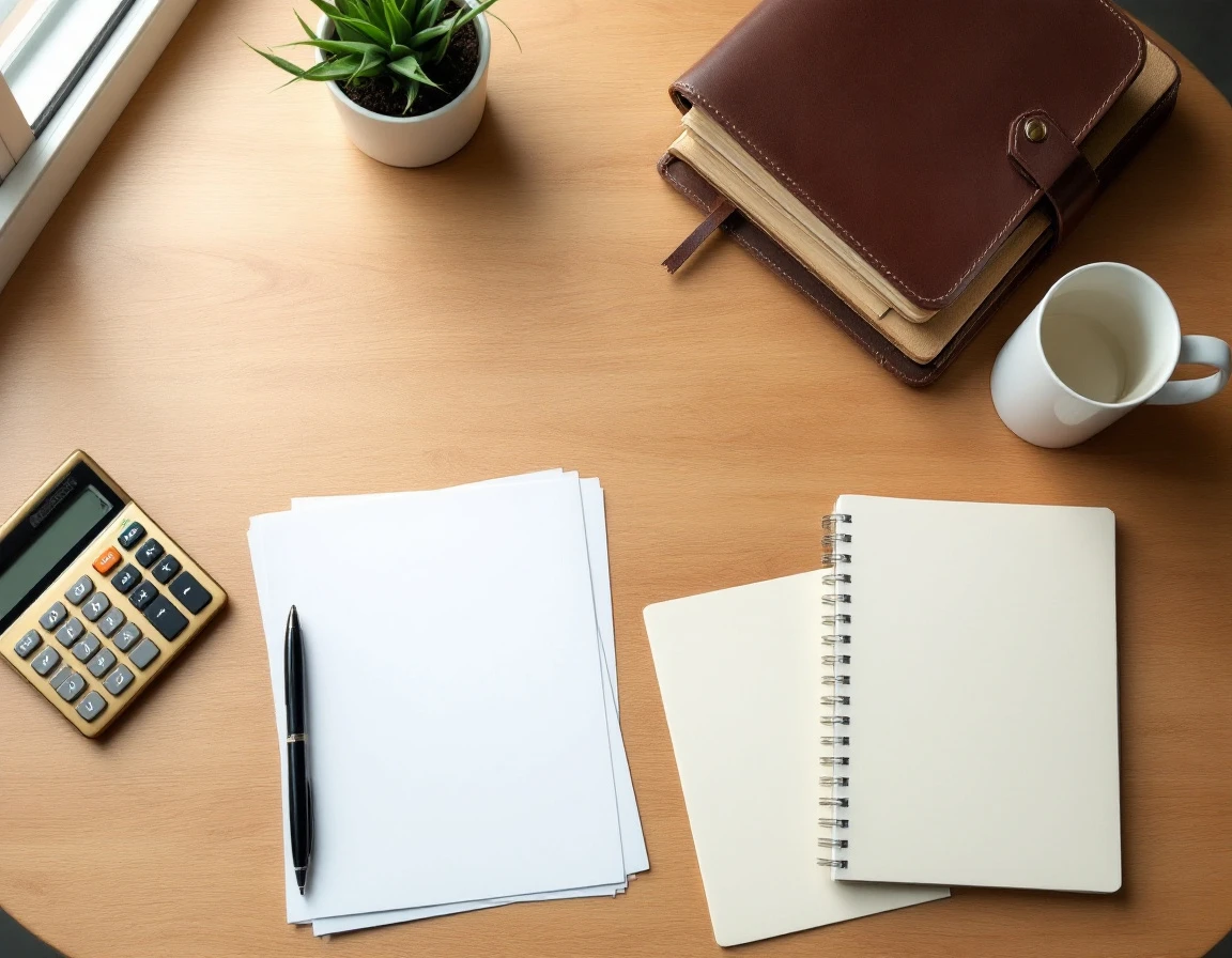 Business desk workspace with blank papers, calculator, coffee, and organizational tools