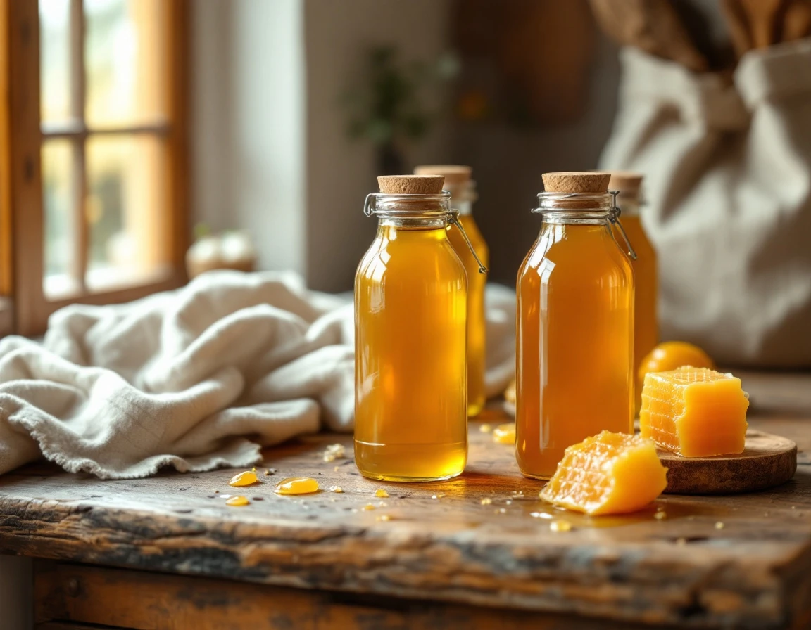 Plain glass bottles of honey and honeycomb arranged on rustic wooden countertop with natural linen cloth