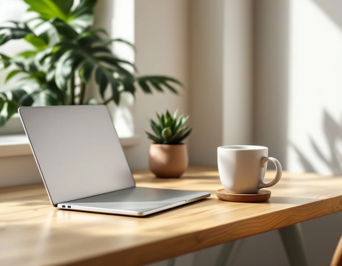 Closed laptop and coffee cup on wooden desk with natural window lighting and minimal workspace styling