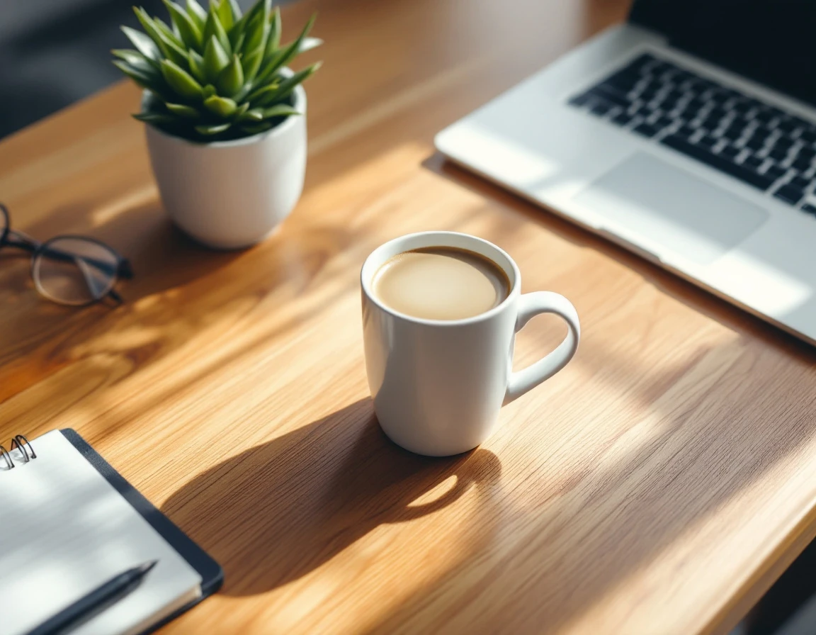 Coffee mug and laptop on wooden desk suggesting routine business operations