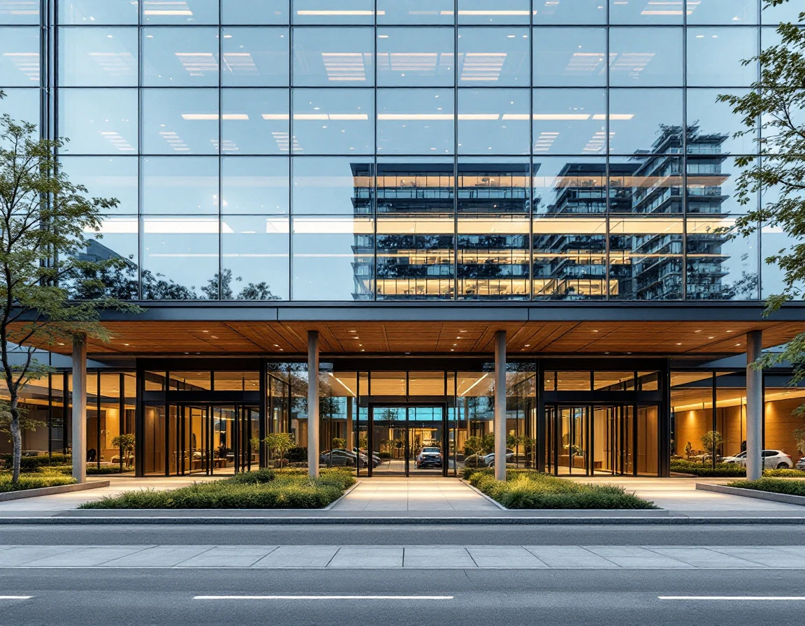 Modern B2B office building with multiple unified entrance points showing cohesive architectural design strategy