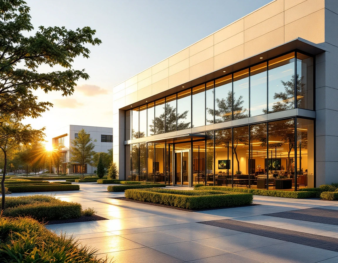 Modern B2B commercial building exterior with glass facade and professional landscaping at golden hour