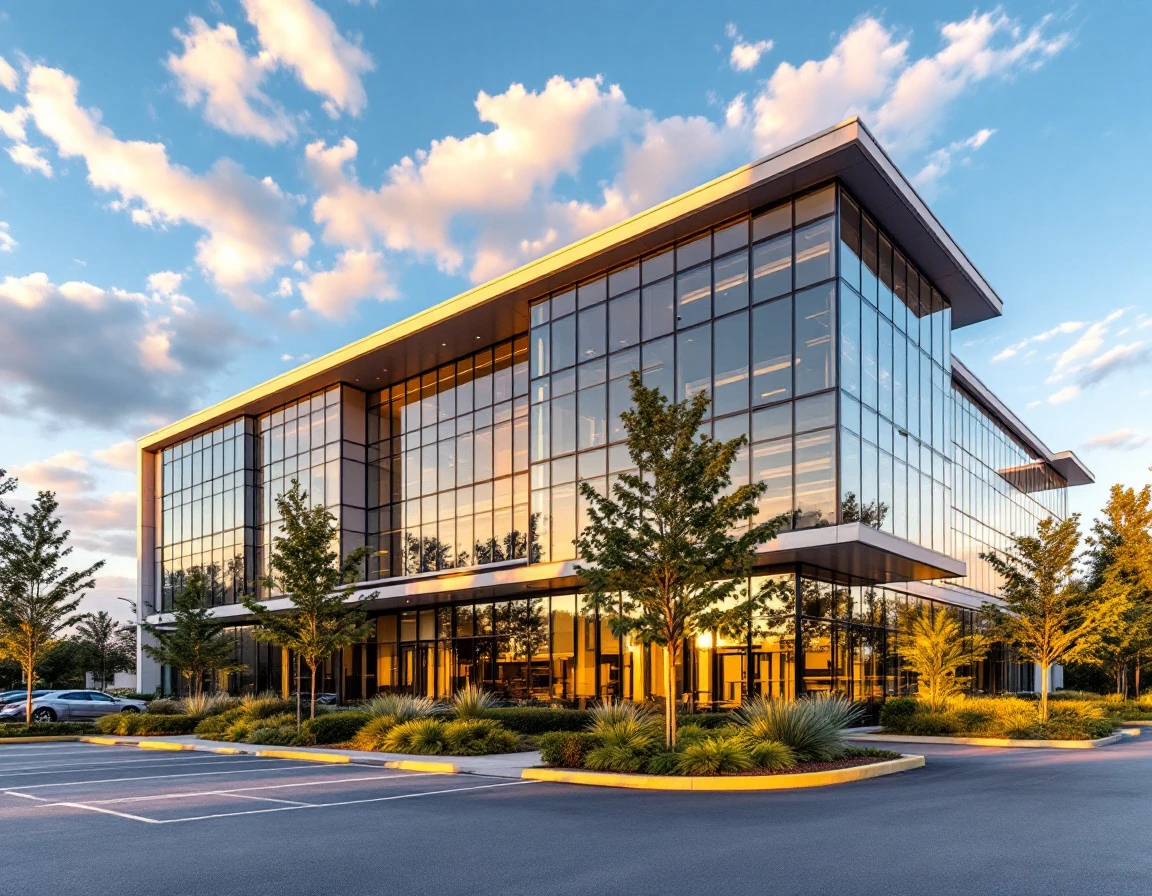 Modern commercial building with unified architectural design showing multiple integrated operational divisions