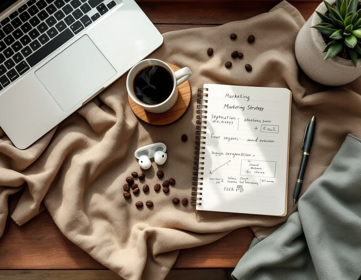 Marketing workspace with closed laptop, notebook with strategy notes, coffee, and planning materials