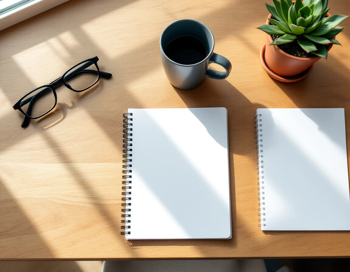 Organized workspace with closed notebook, coffee mug, and succulent plant on wooden desk