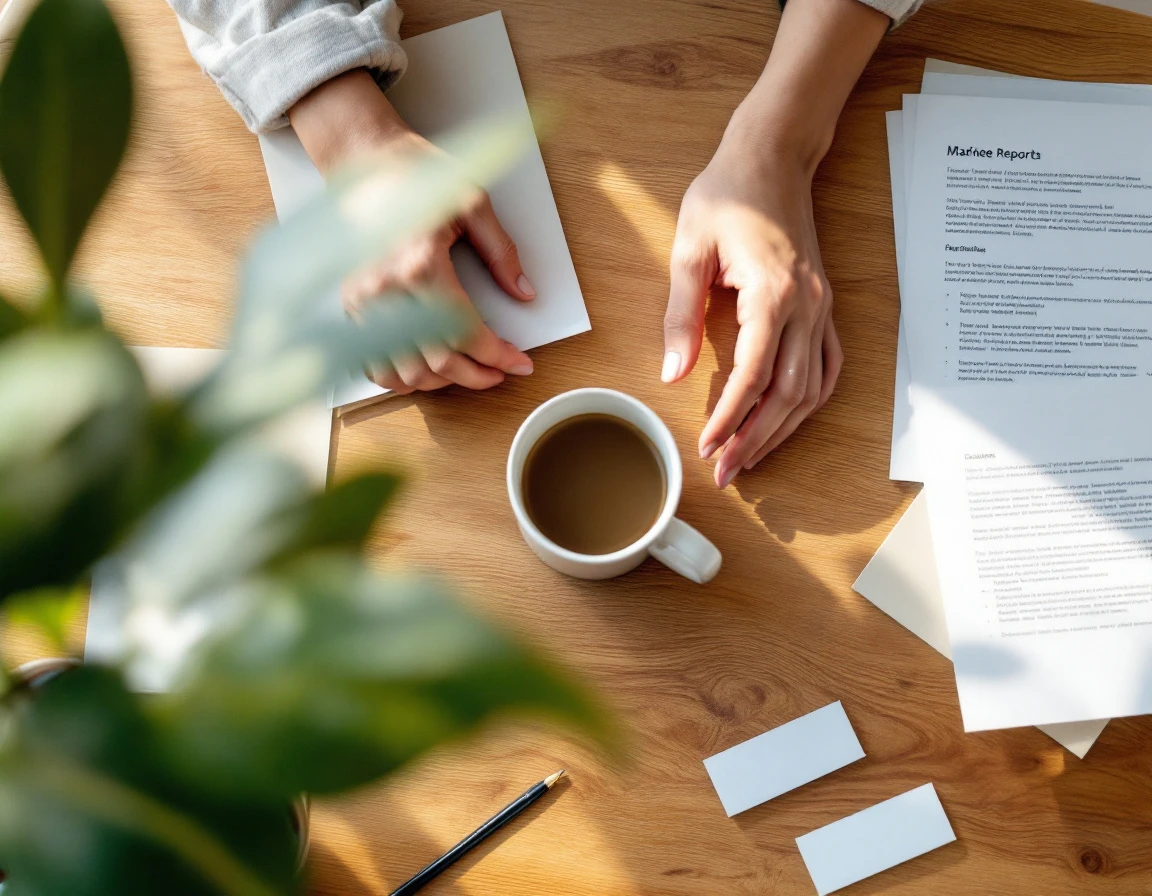Overhead view of workspace with coffee and blurred business documents on wooden desk