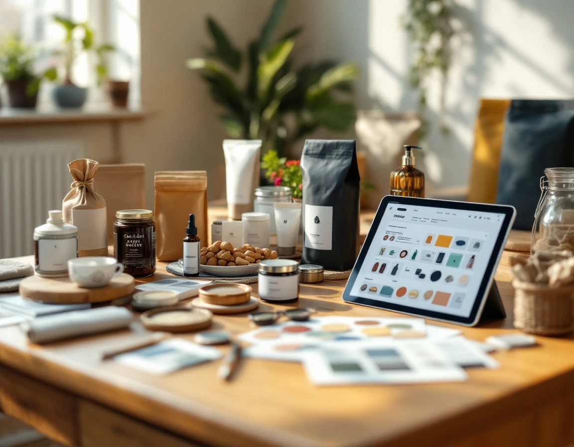 Diverse product samples and catalog materials arranged on merchant workspace desk with tablet