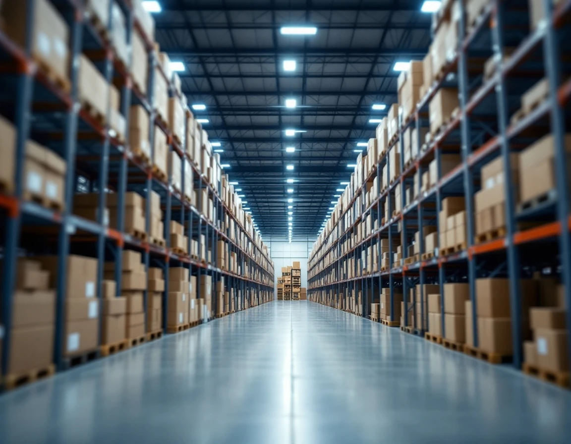 Organized warehouse interior with systematic shelving and neutral-toned inventory demonstrating supply chain efficiency