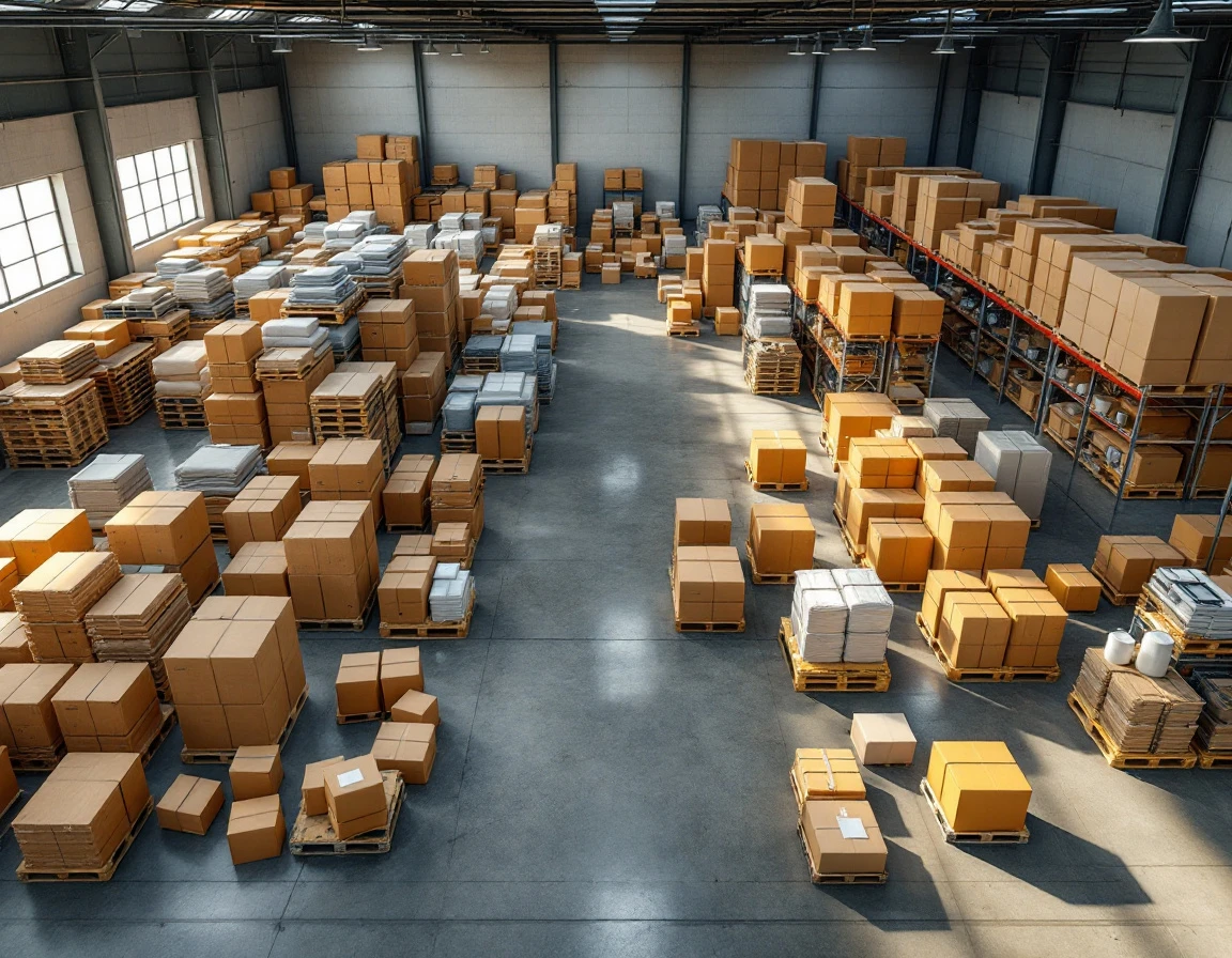 Organized warehouse inventory showing diverse product categories on wooden pallets and metal shelving