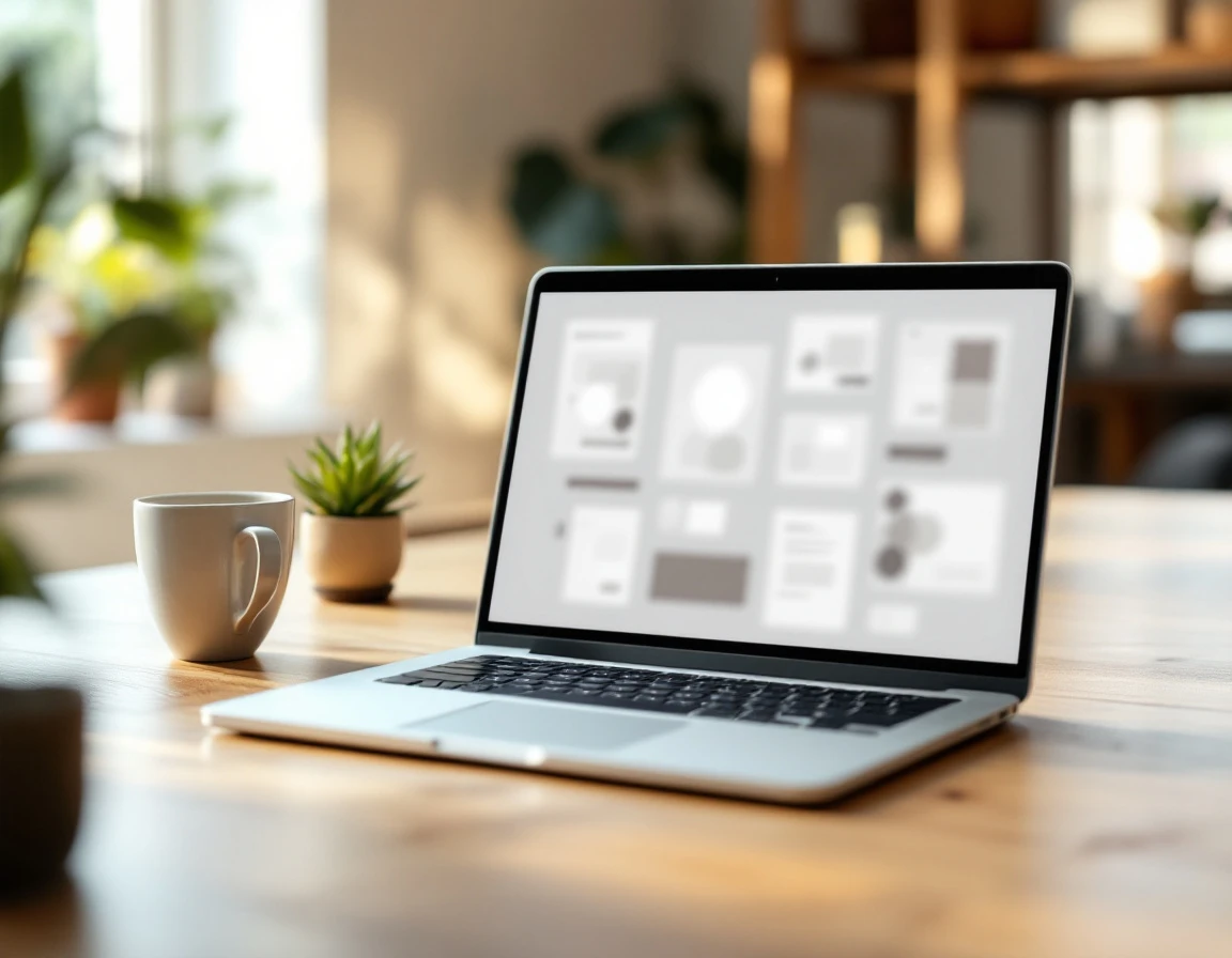 Laptop workspace showing design wireframes on screen with coffee and plant in natural lighting