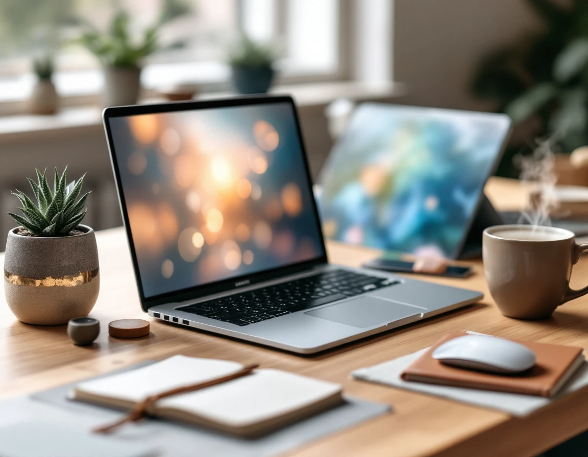 B2B ecommerce workspace with laptop showing blurred screen, notepads, coffee, and natural desk materials