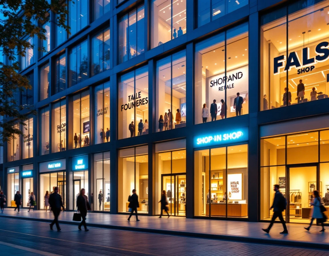 Modern retail building with modular shop-in-shop storefronts featuring distinct window displays and lighting