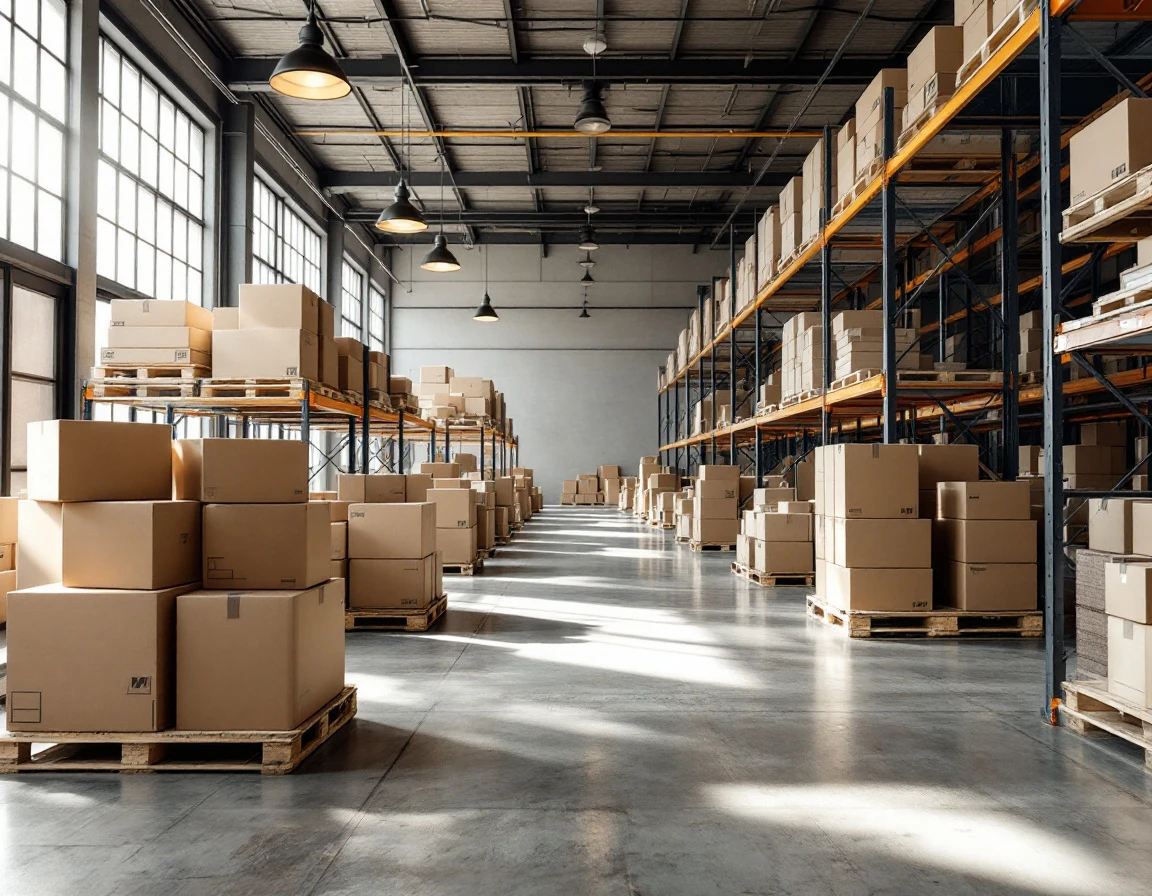 Modern warehouse interior with organized inventory storage on metal shelving units and wooden pallets