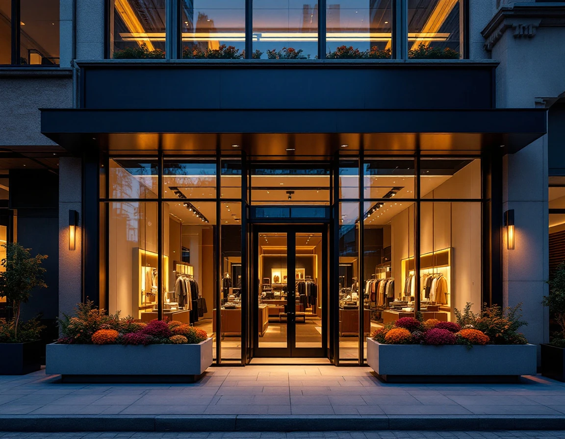 Modern luxury multi-brand boutique storefront with glass frontage and fall seasonal planters at twilight