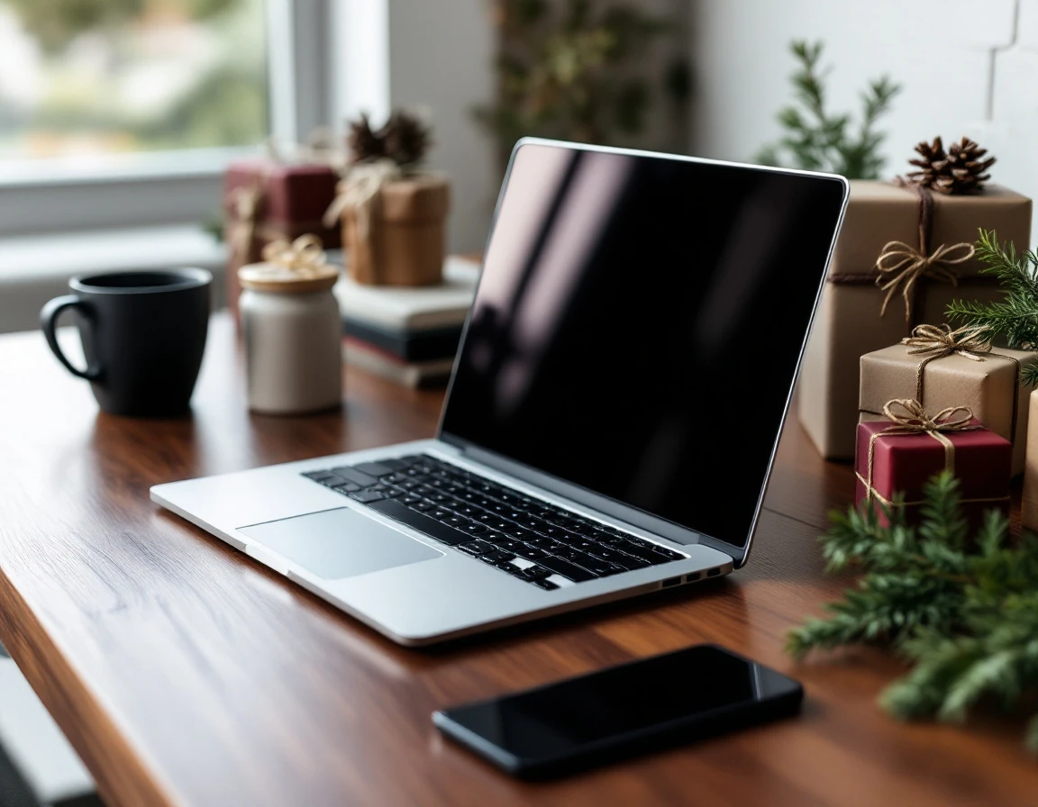 Laptop workspace with coffee mug and wrapped seasonal gifts on wooden desk with natural window lighting