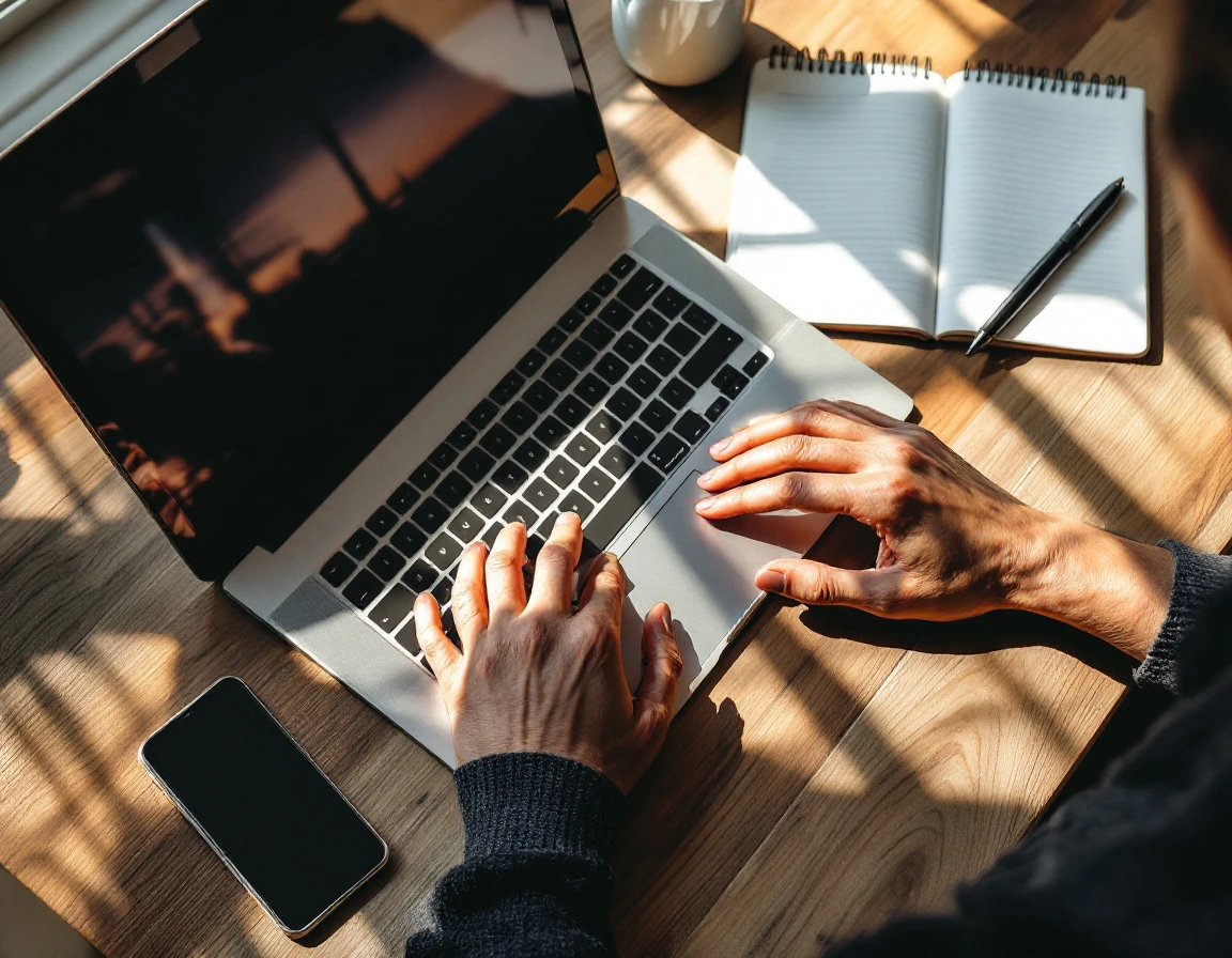 Hands typing on laptop keyboard at workspace desk with notebook and coffee mug beside