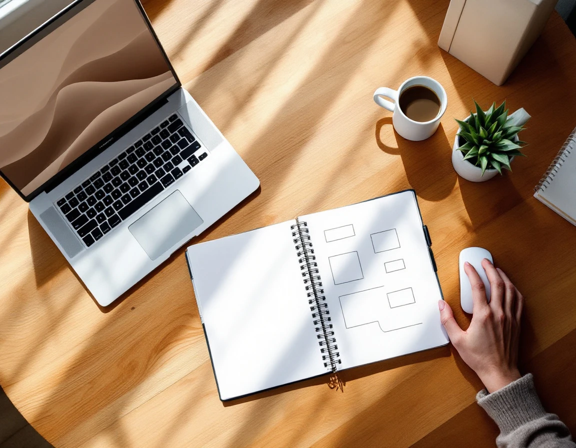 Overhead view of workspace with laptop showing design interface, notebook with wireframe sketches, and coffee