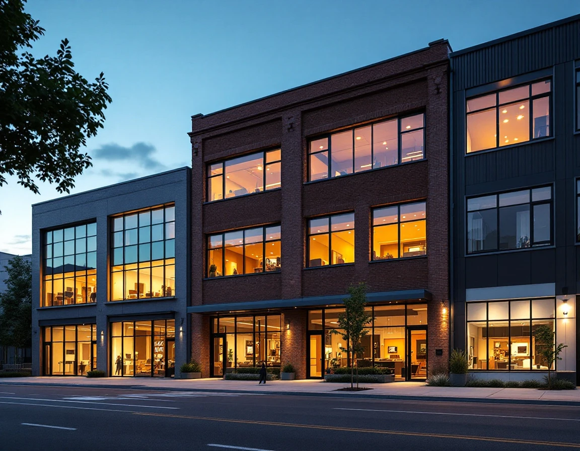 Multiple commercial storefronts in an industrial district representing diversified business channels