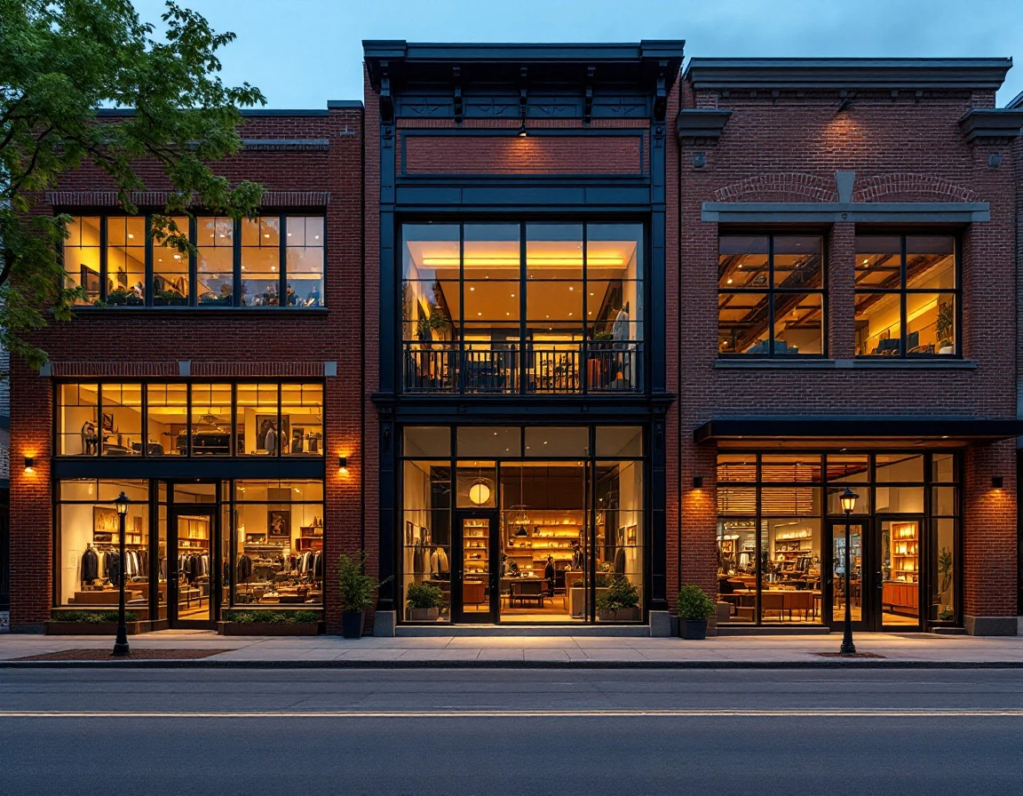Three distinct commercial storefronts representing diverse B2B sales channels on an urban street