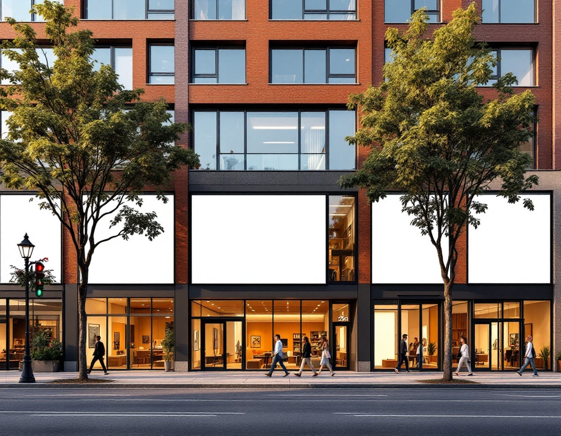 Contemporary mixed-use building with diverse blank storefronts representing multiple revenue channels