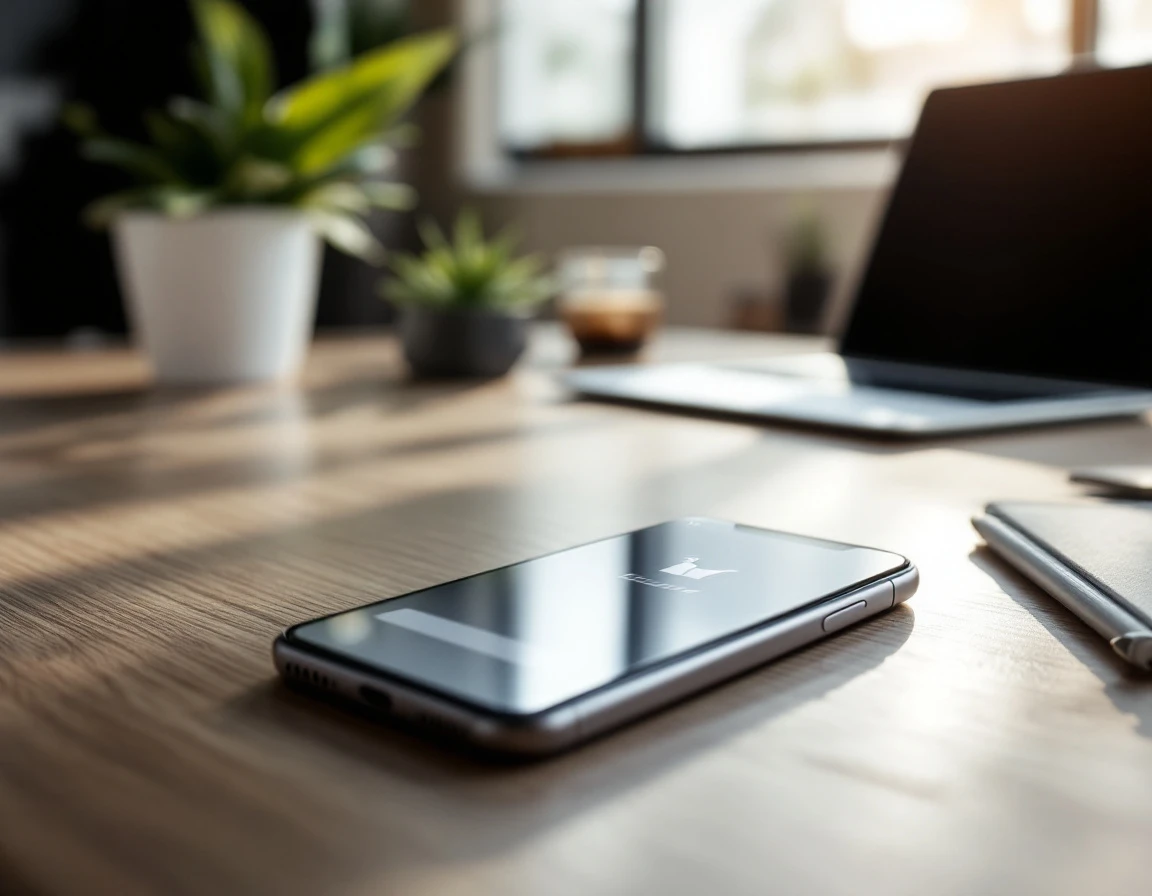 Modern smartphone displaying ecommerce shopping interface on minimalist desk with laptop in background