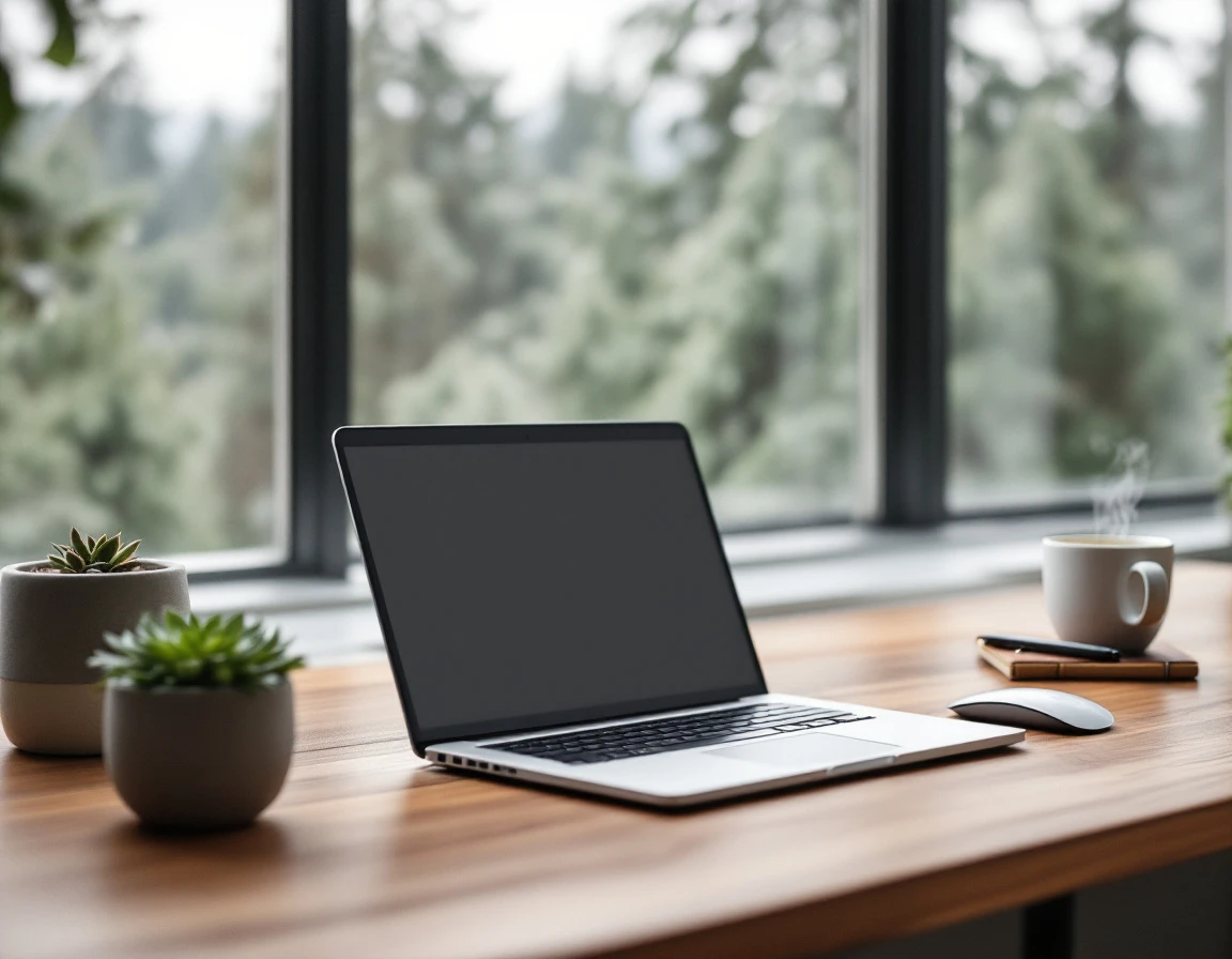 Modern workspace with closed laptop and planning materials on wooden desk in autumn office setting