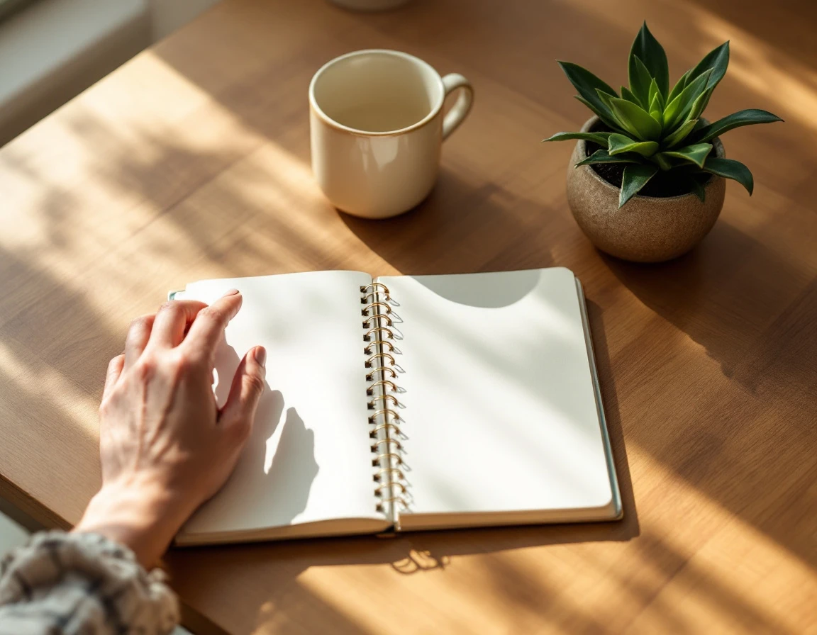 Hands writing on notebook at wooden desk with coffee and plant in natural morning light