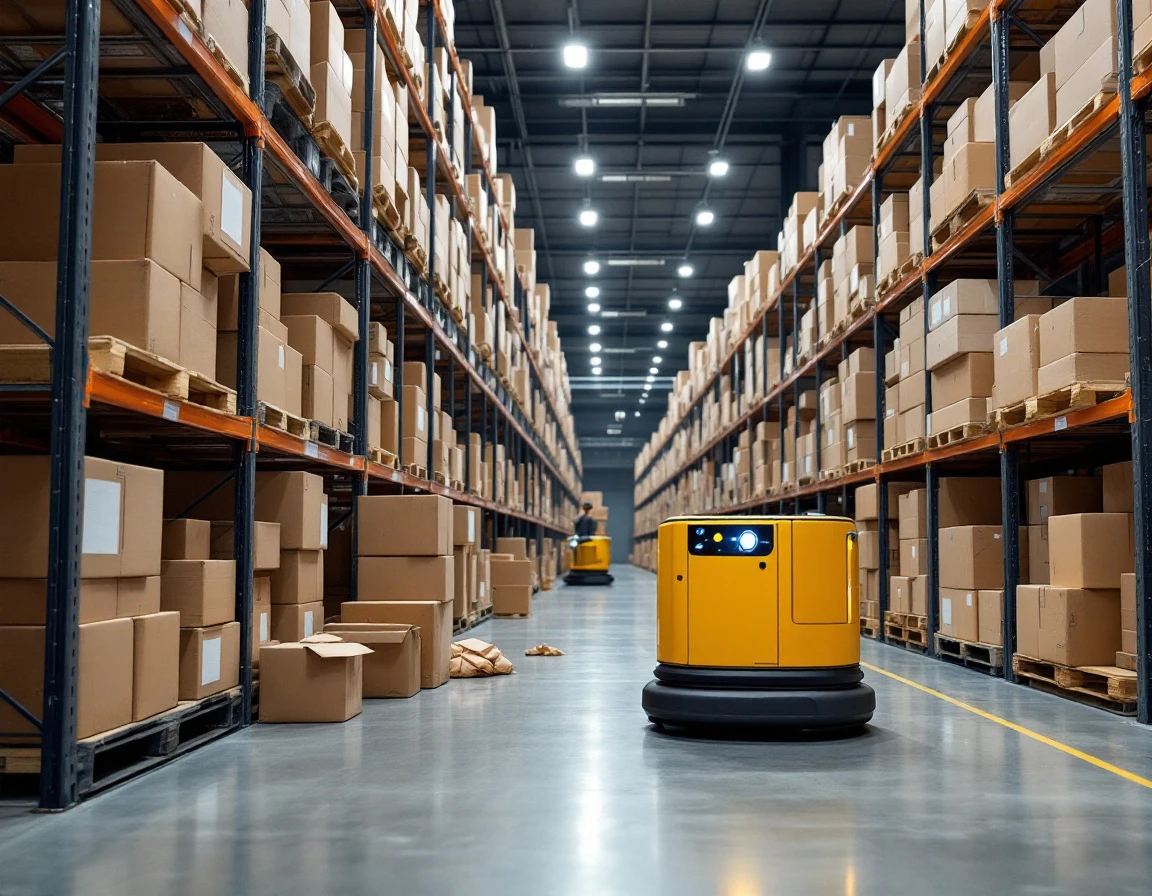 Warehouse shelving with cardboard boxes and autonomous robot during peak fulfillment season