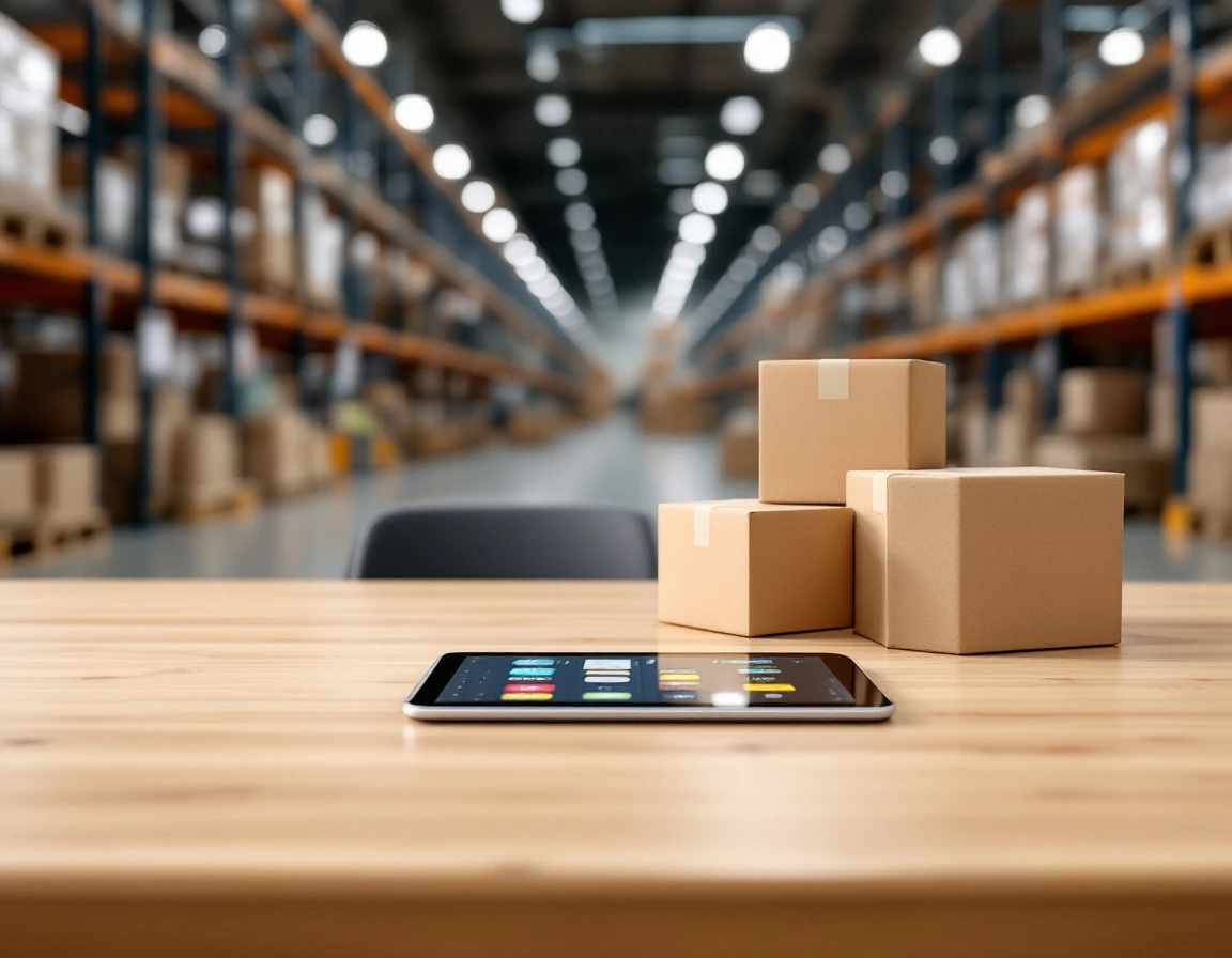 Clean warehouse workstation with tablet and plain cardboard boxes for B2B ecommerce inventory management