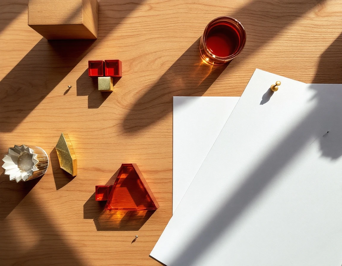 Overhead view of colorful inventory planning blocks and geometric shapes on wooden desk surface