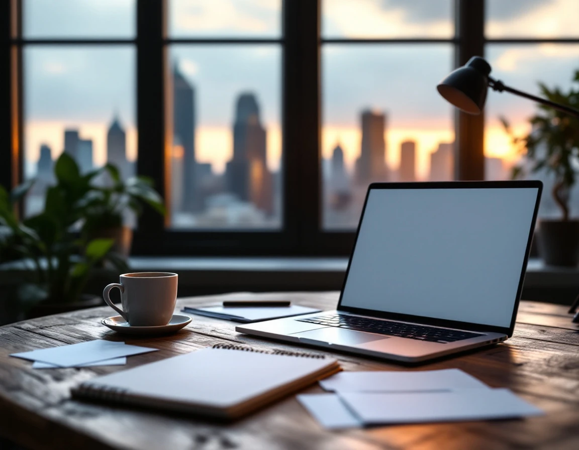 Modern office desk workspace with laptop, papers, and coffee mug during golden hour natural lighting