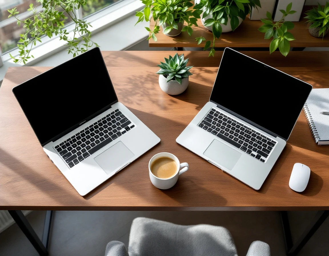 Clean modern office workspace with dual laptops and coffee showing organized multichannel retail operations setup