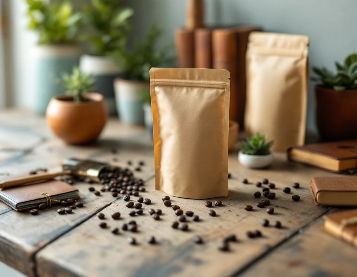 Sustainable coffee packaging and workspace elements arranged on wooden desk with scattered coffee beans