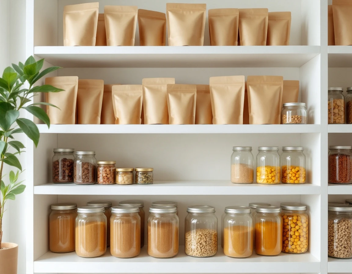 Organized kraft pouches and glass jars on retail shelving showing streamlined organic product selection