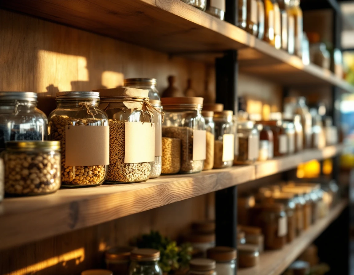 Organized retail shelving with varied glass containers and wooden fixtures in natural lighting