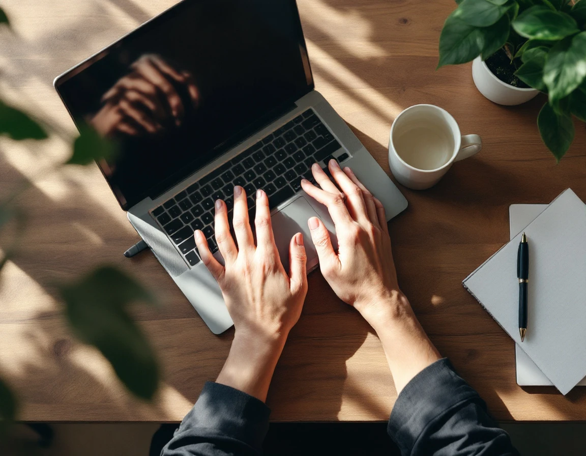 Overhead view of hands at professional workspace with laptop and coffee on wooden desk