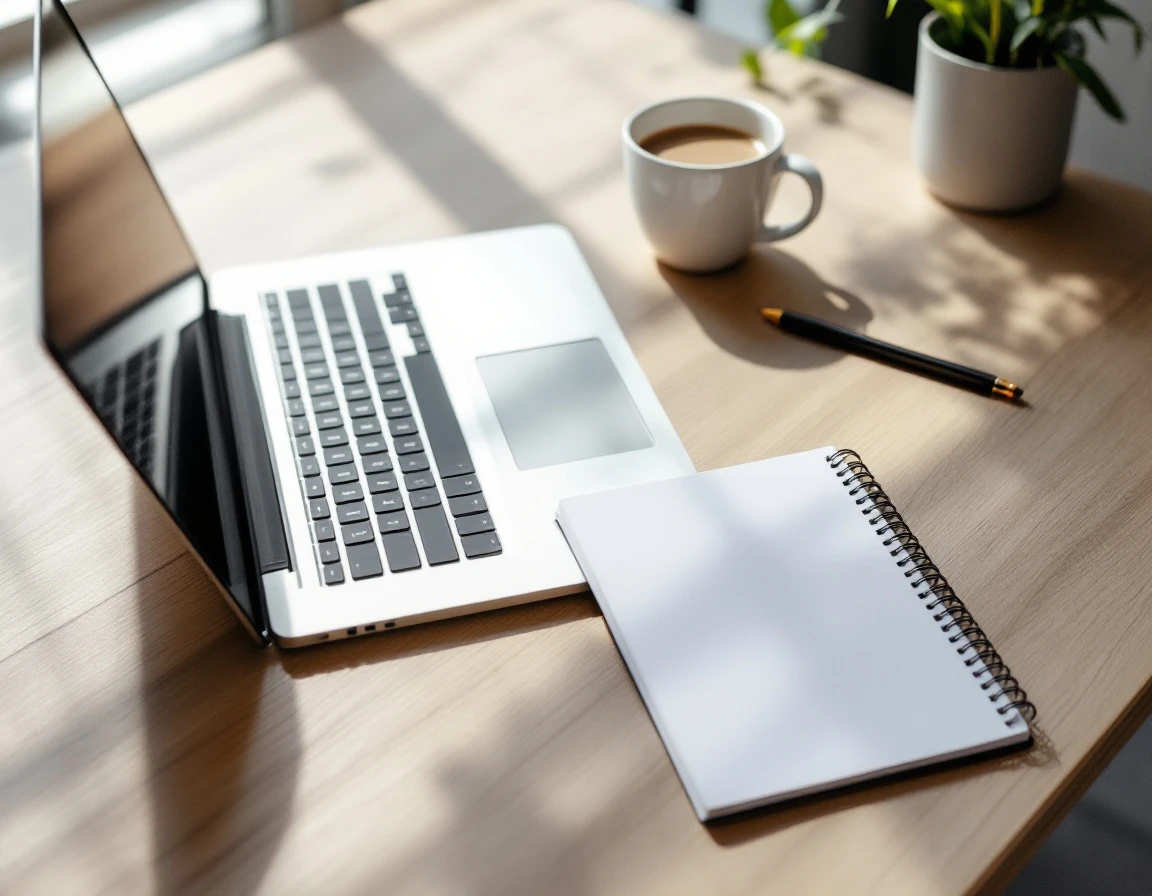 Professional workspace with laptop, notebook, and coffee mug arranged on modern desk surface