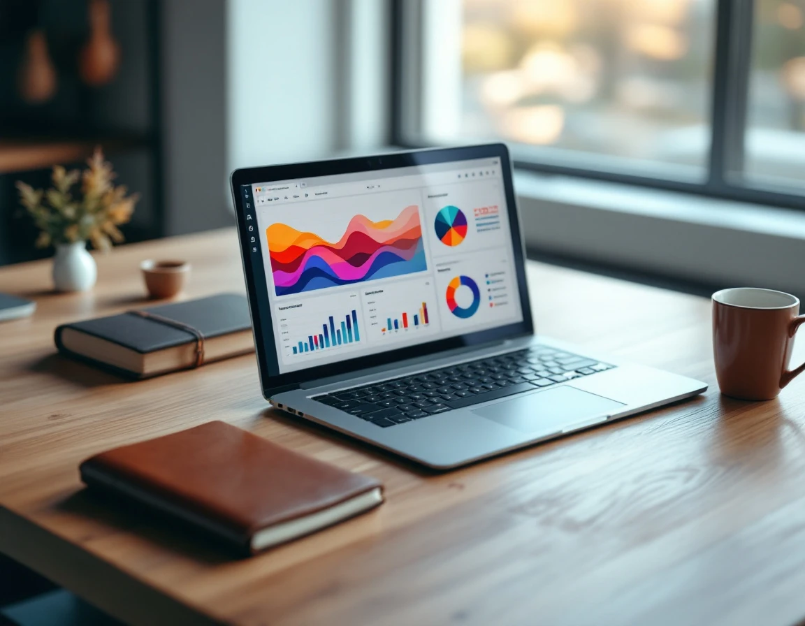 Laptop displaying abstract data visualizations beside closed notebook and coffee mug on wooden desk