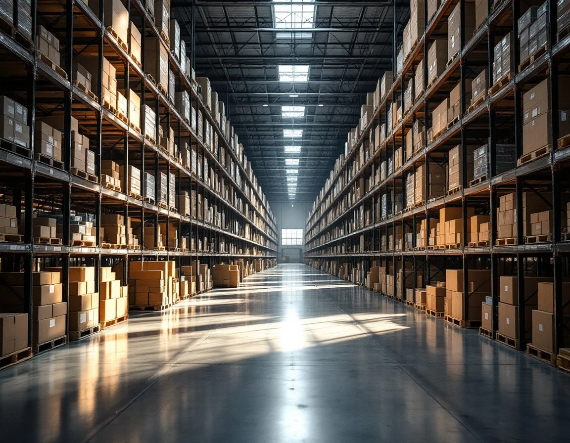 Warehouse shelving with varied inventory levels showing active stock management and supply chain operations