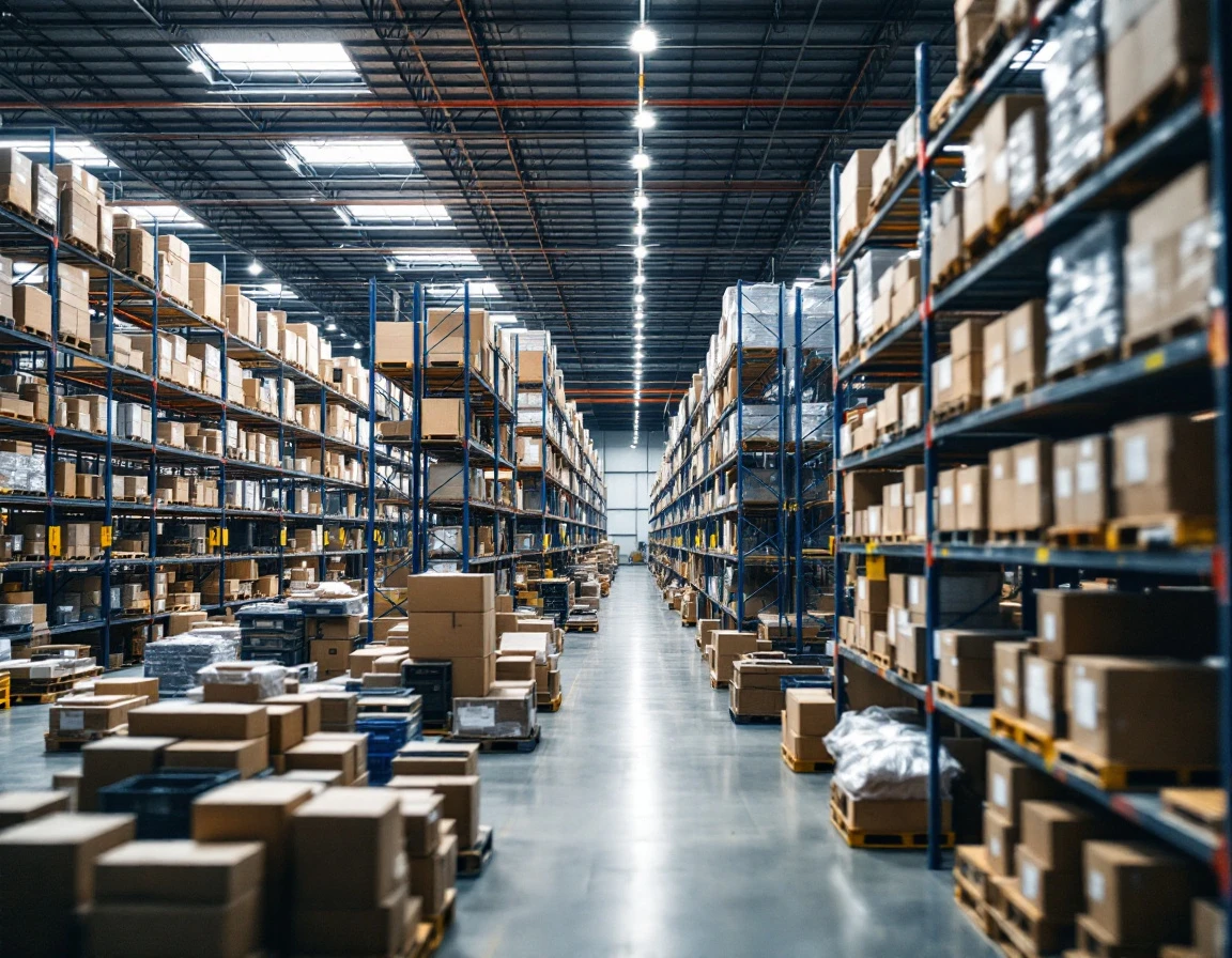 Warehouse shelving with varying inventory levels demonstrating safety stock allocation across multiple sales channels