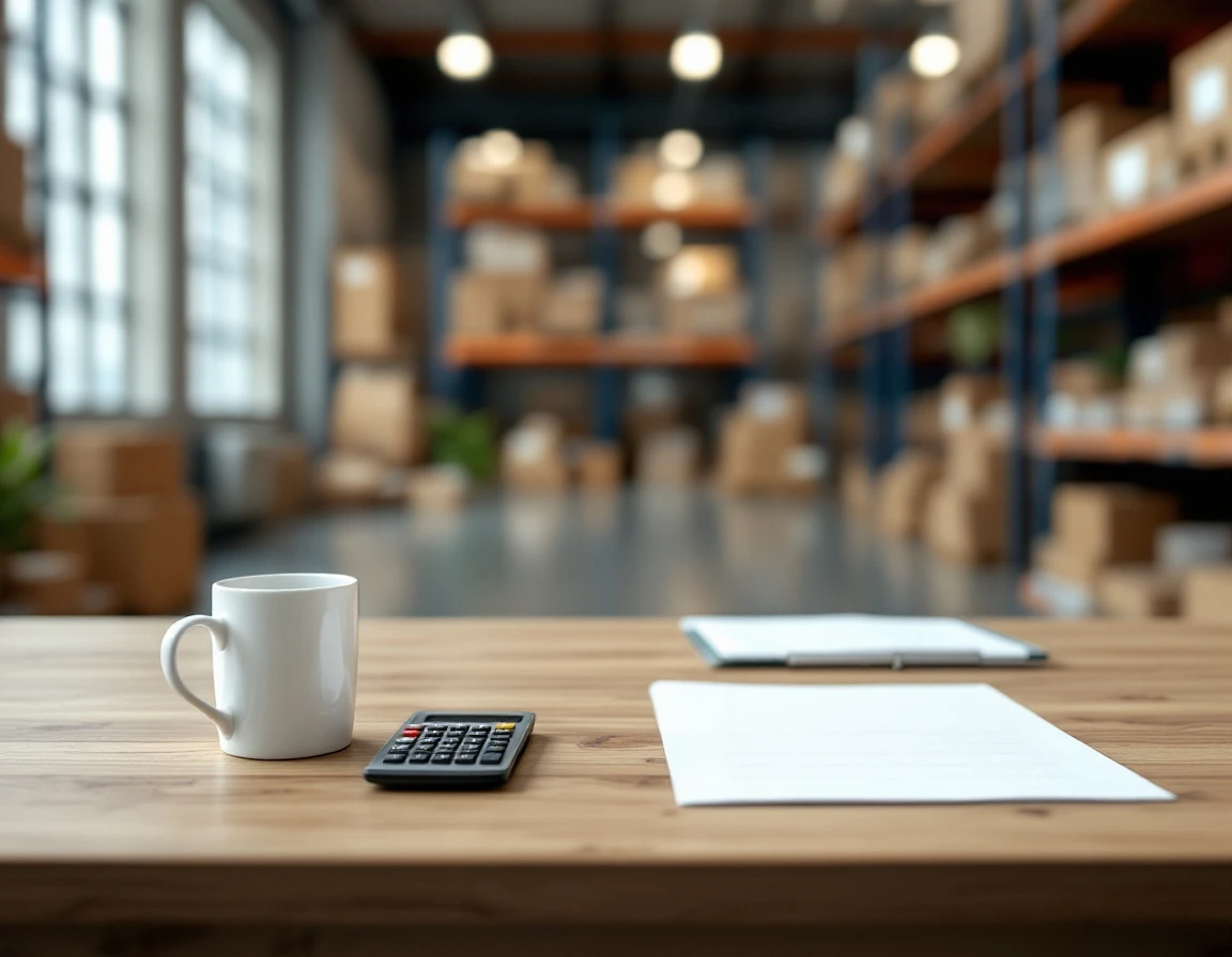 Warehouse office desk with coffee mug and calculator on blank papers, industrial shelving in background