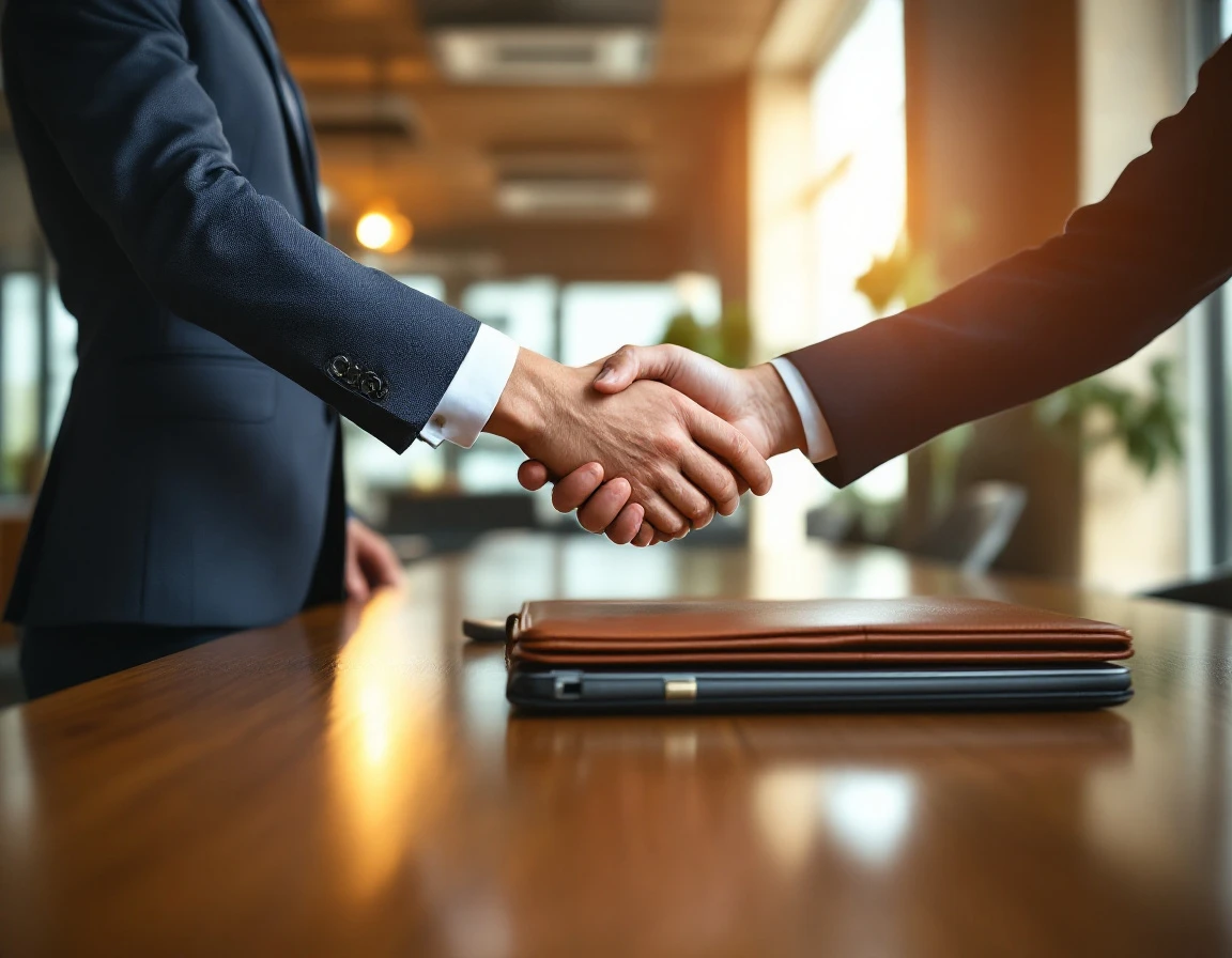 Business handshake across conference table with laptop and portfolio in professional office setting