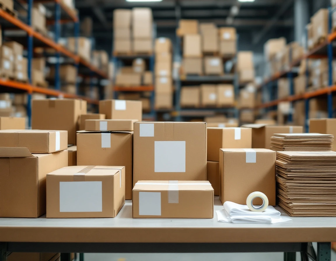 Warehouse workstation with unmarked cardboard boxes and packing supplies for blind-ship fulfillment