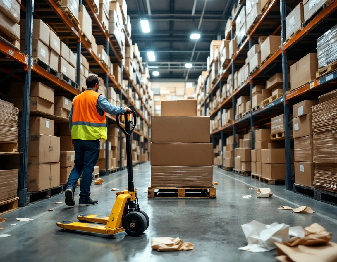Warehouse worker handling scattered packing materials amid pallets of boxes during fulfillment rush