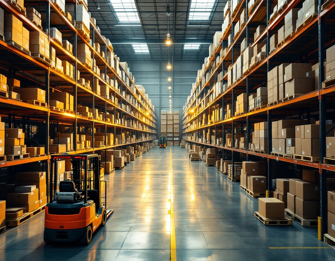 Organized warehouse with inventory shelves and fulfillment staging areas showing multi-channel distribution operations