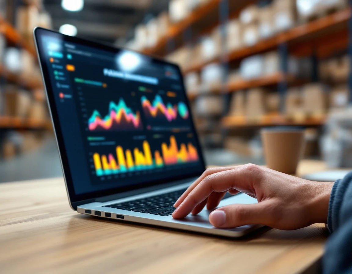 Hand on desk with blurred laptop showing inventory dashboard in warehouse fulfillment environment