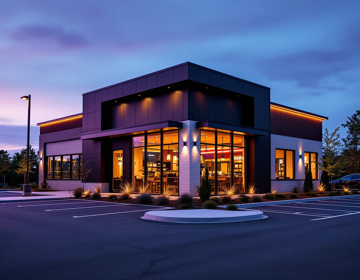 Modern quick-service restaurant exterior at twilight showing contemporary architecture and infrastructure