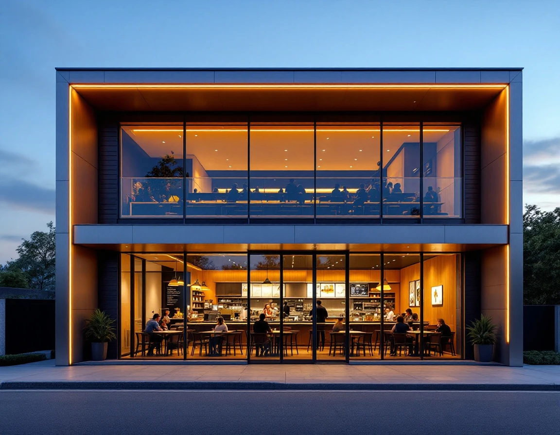 Contemporary QSR storefront with extensive glazing and modern sustainable architecture at twilight