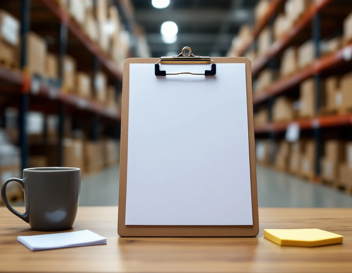 Clipboard and coffee on warehouse desk with inventory shelving in background